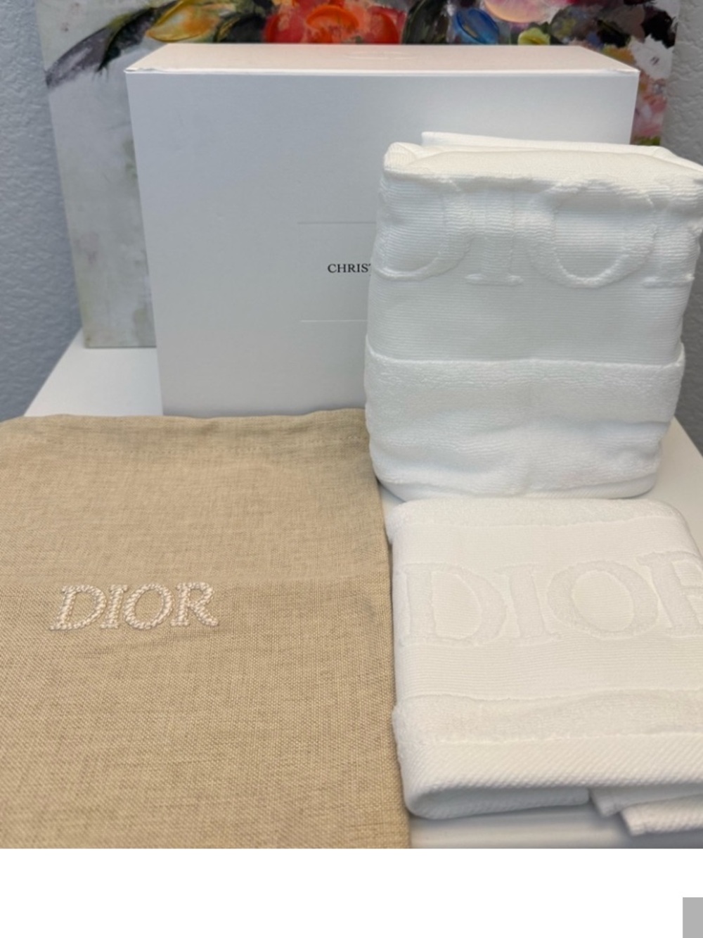 Dior Embroidered Beige Dust Bag with White Logo Towels AUTHENTIC NWOT